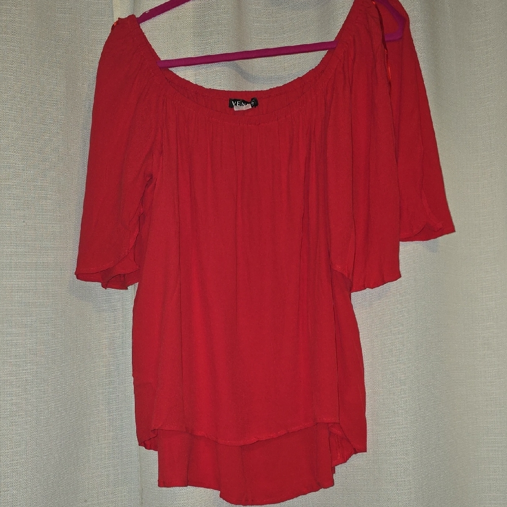 VENUS Crimson Off-the-Shoulder Flutter Sleeve Blouse